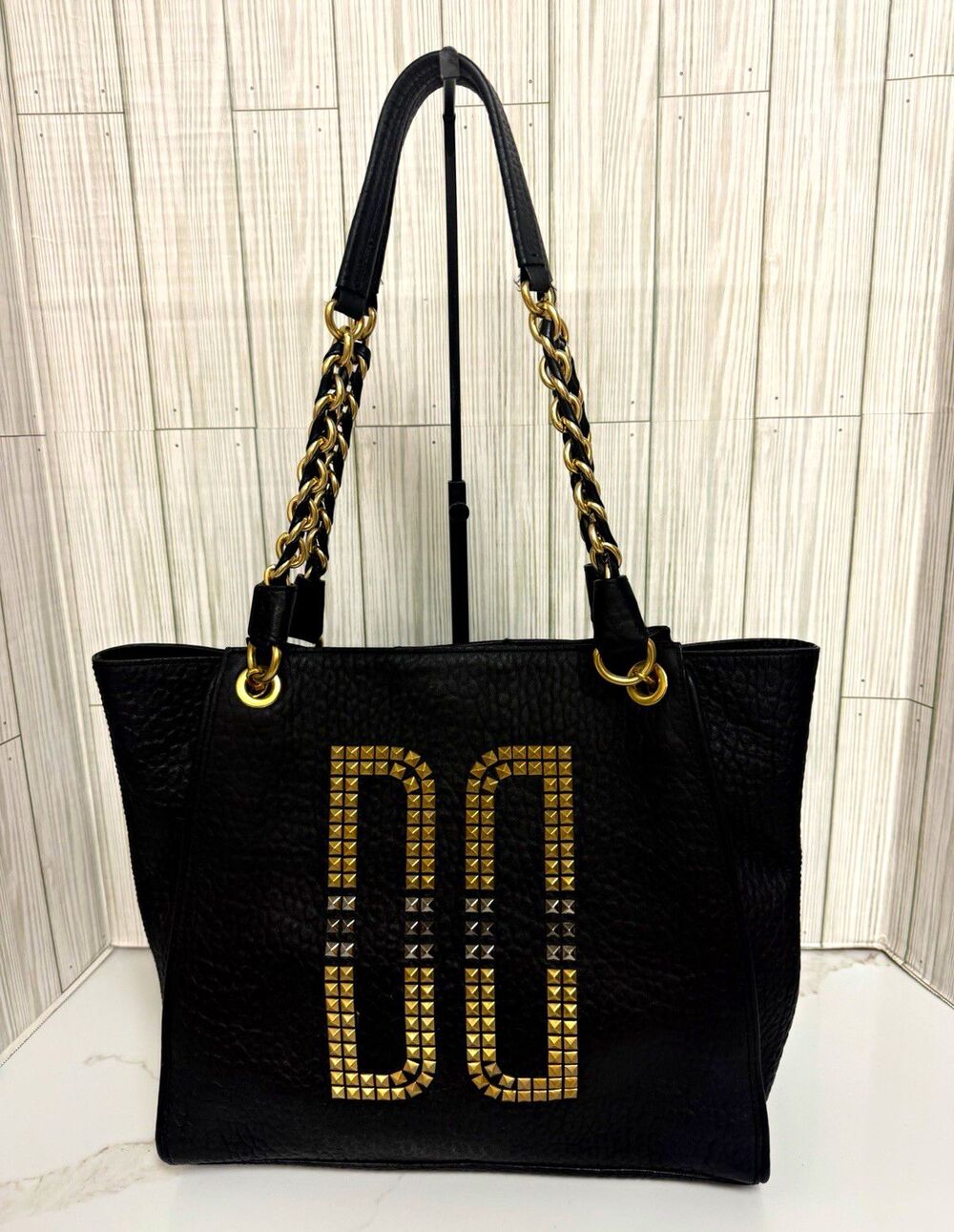 DAKS Women's Large Black Pebbled Tote, Gold Chain Double Handles, Studded Logo